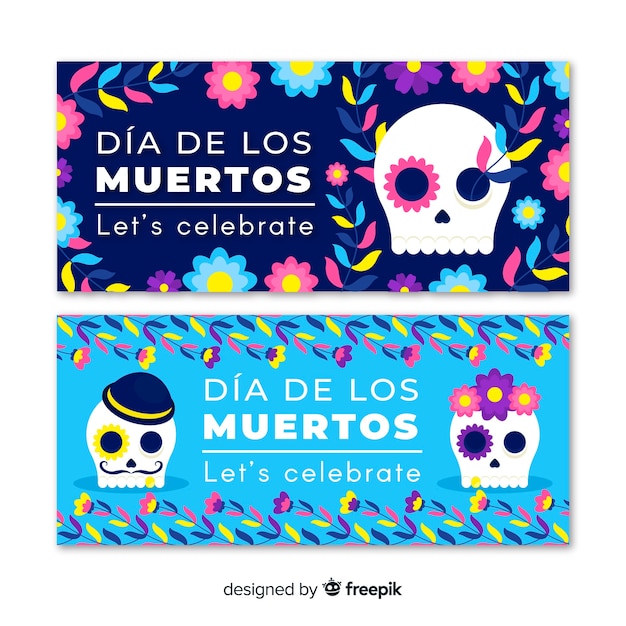 Banners adorables del día de los muertos con diseño plano