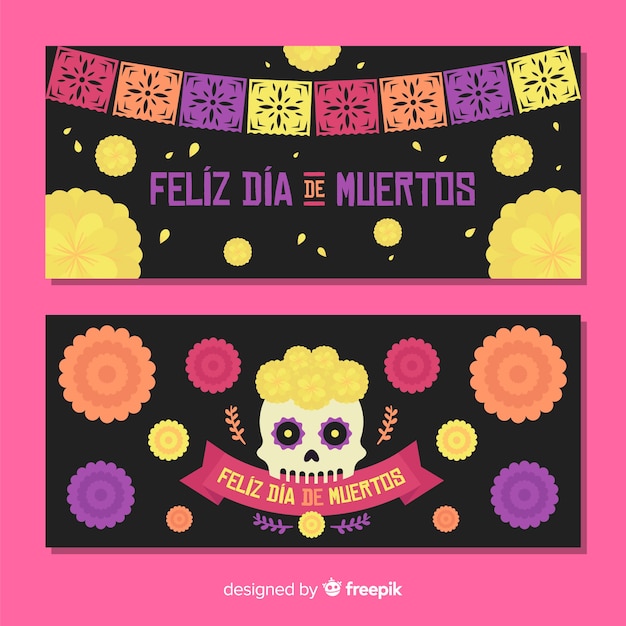 Vector gratuito banners adorables del día de los muertos con diseño plano