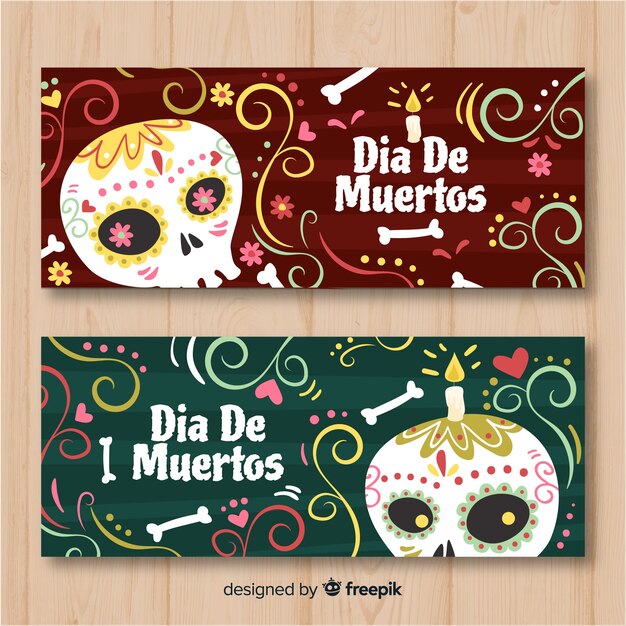 Banners adorables del día de los muertos con diseño plano