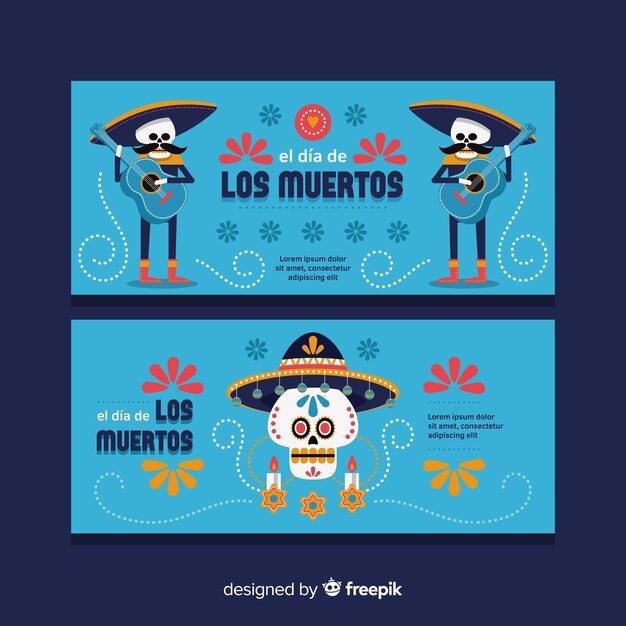 Vector gratuito banners adorables del día de los muertos con diseño plano