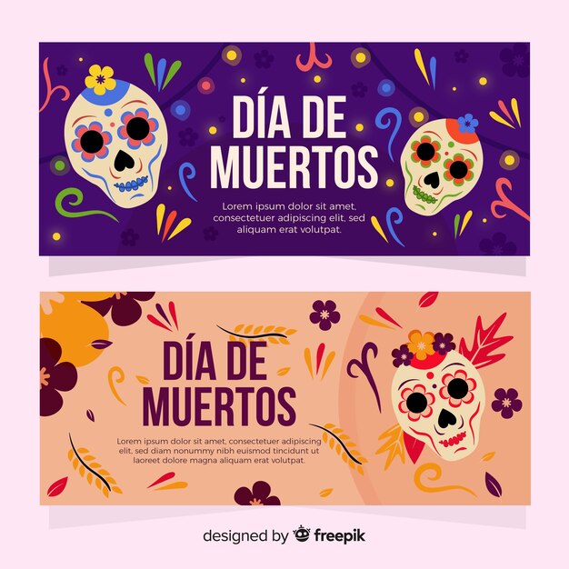 Banners adorables del día de los muertos con diseño plano