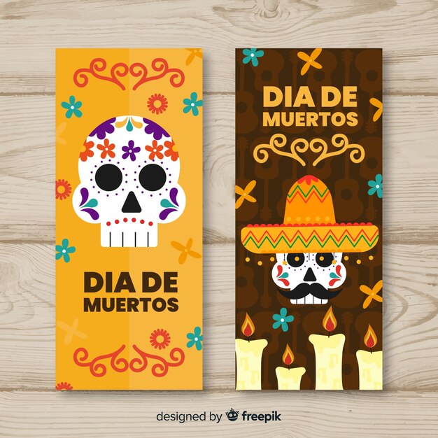 Banners adorables del día de los muertos con diseño plano