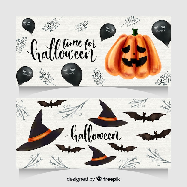 Banners adorables de halloween en acuarela