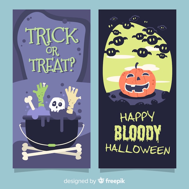 Banners adorables de halloween con diseño plano