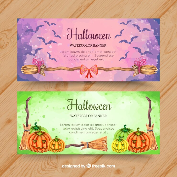 Vector gratuito banners adorables de halloween con estilo de acuarela