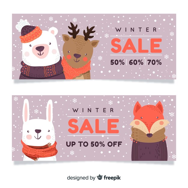 Banners adorables de invierno dibujados a mano