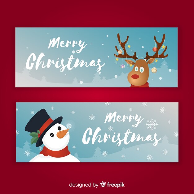 Banners adorables de navidad con diseño plano