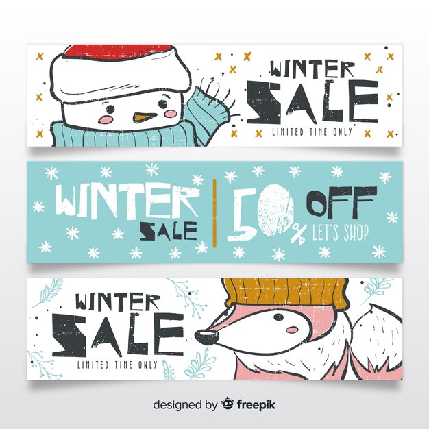 Banners adorables de rebajas de invierno dibujados a mano