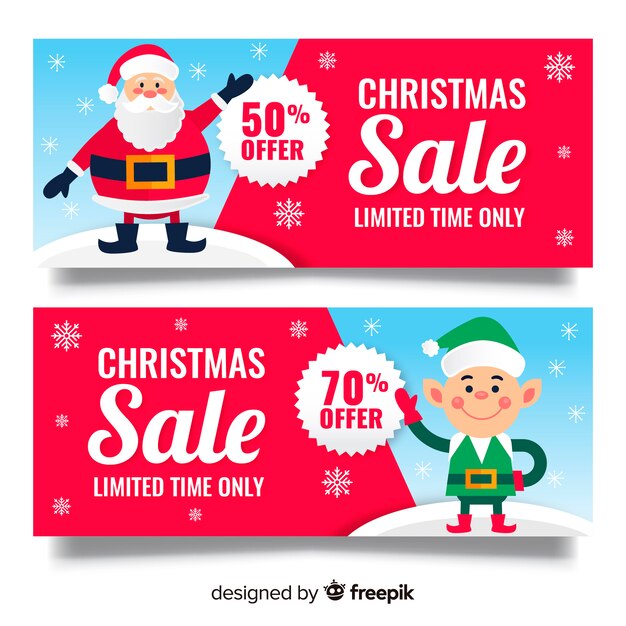 Banners adorables de rebajas de navidad con diseño plano