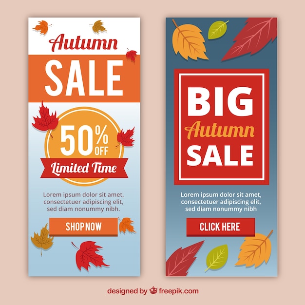 Banners adorables de rebajas de otoño con diseño plano