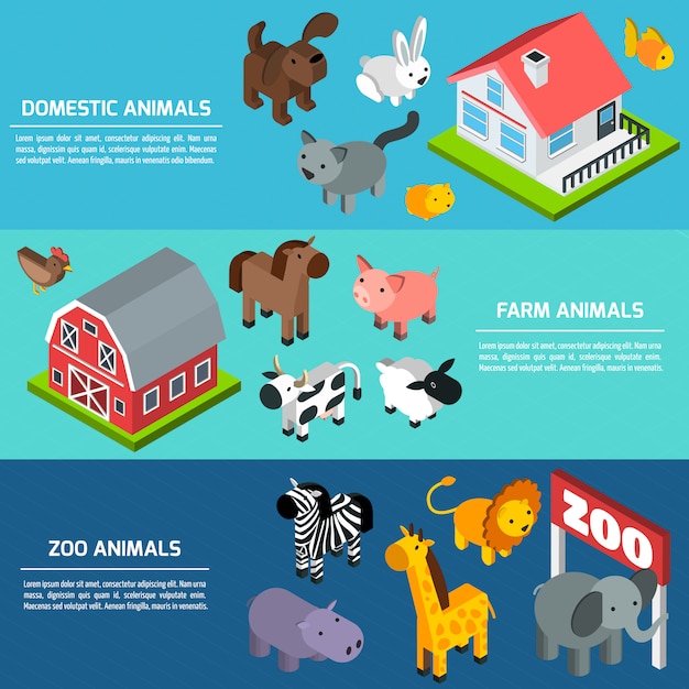 Vector gratuito banners de animales isométricos