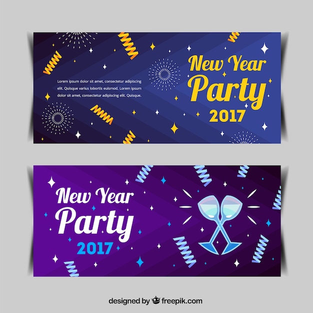 Vector gratuito banners de año nuevo con elementos de fiesta