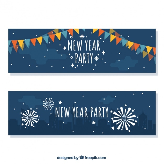 Vector gratuito banners de año nuevo con guirnaldas y fuegos artificiales