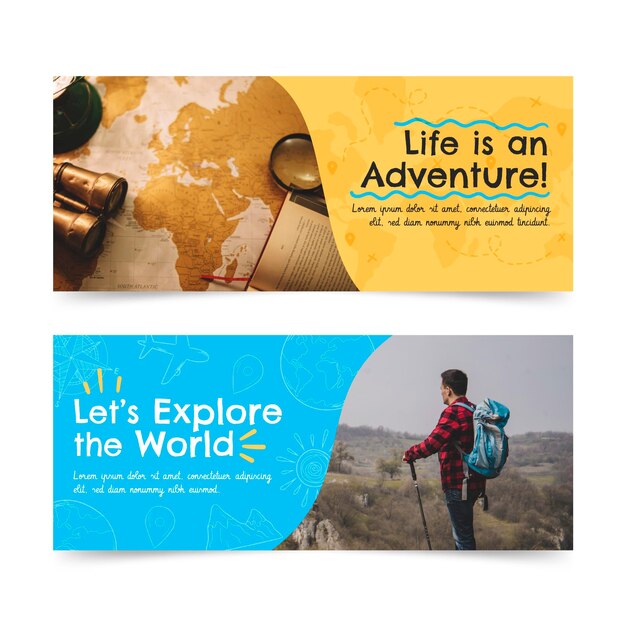 Banners de aventura dibujados a mano con foto