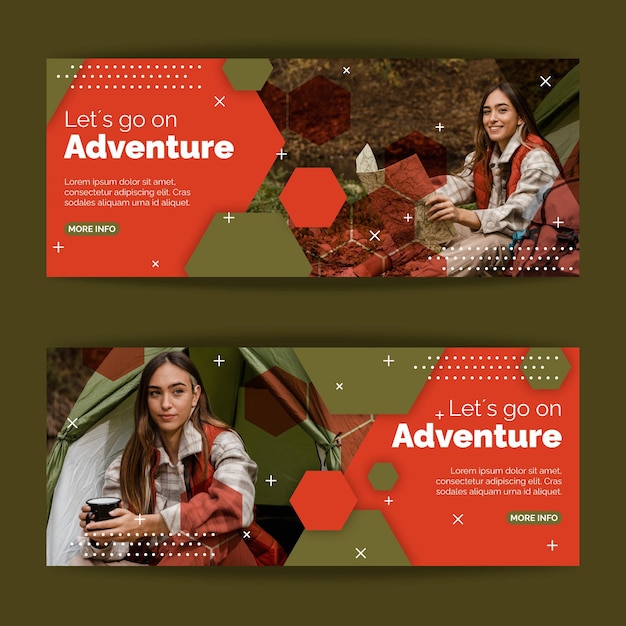 Banners de aventura planos horizontales con foto.