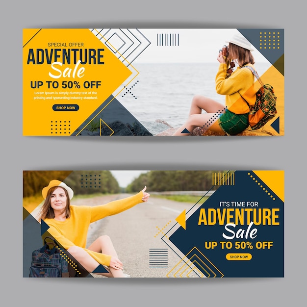 Vector gratuito banners de aventura planos horizontales con foto.