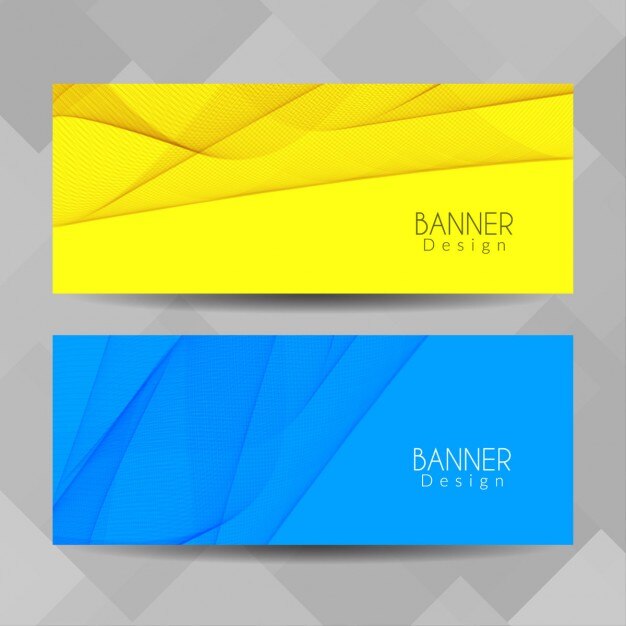 Banners azul y amarillo con formas onduladas