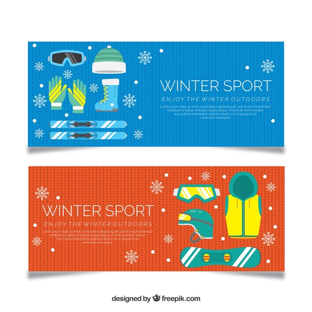 Banners azul y naranja con concepto de deportes de invierno