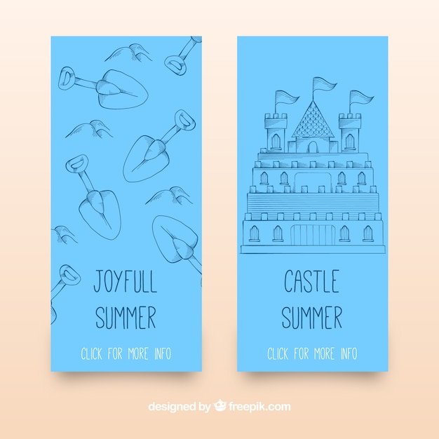 Banners azules con castillo de arena y palas