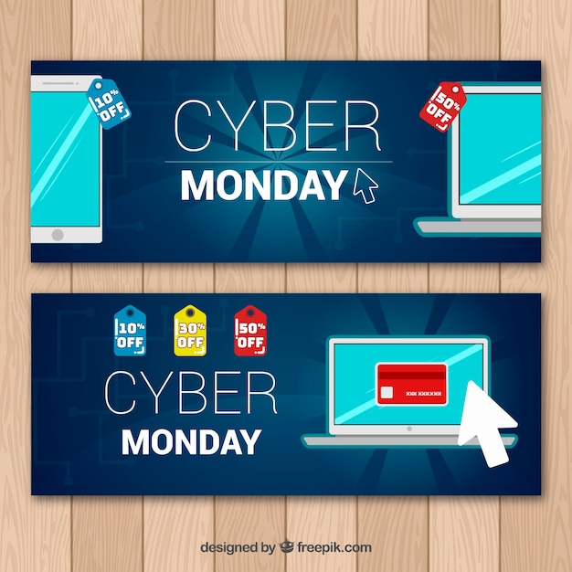 Vector gratuito banners azules oscuros de cyber monday