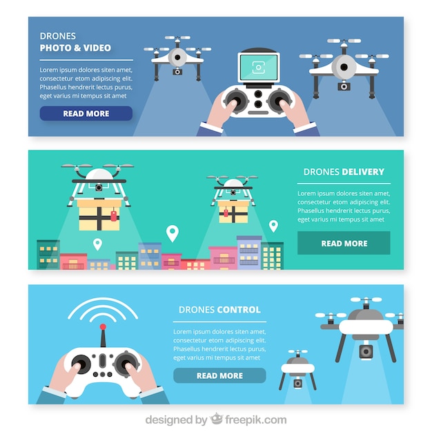 Banners azules y verdes con drones