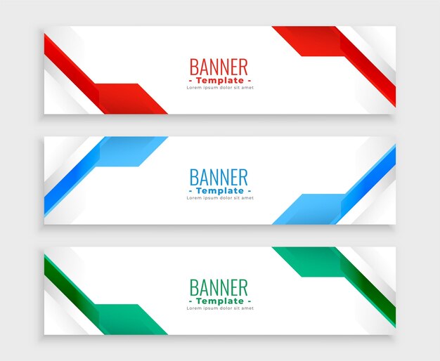 Banners blancos abstractos con formas geométricas en tres colores.