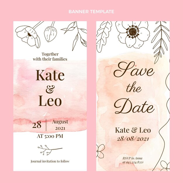 Banners de boda dibujados a mano en acuarela verticales