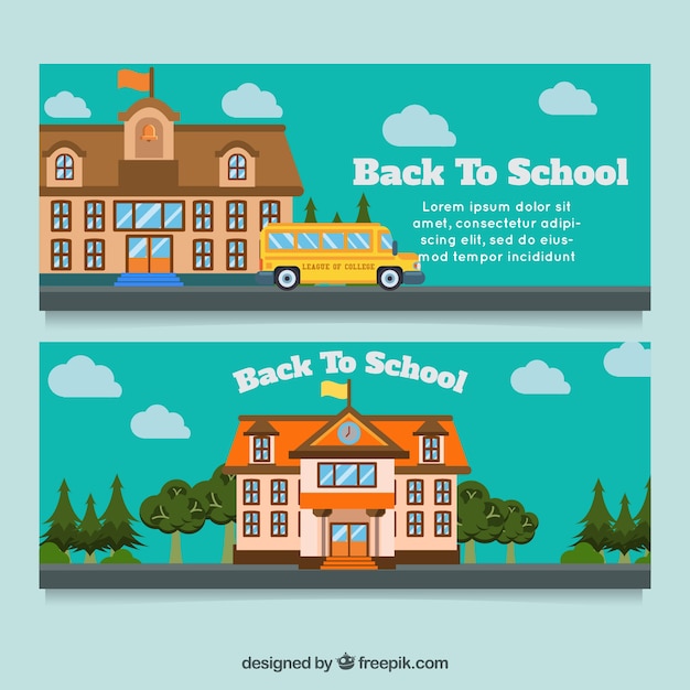 Vector gratuito banners bonitos con colegio y autobús escolar