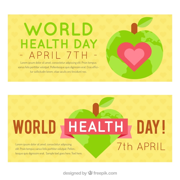 Banners bonitos del día mundial de la salud con manzana y corazón