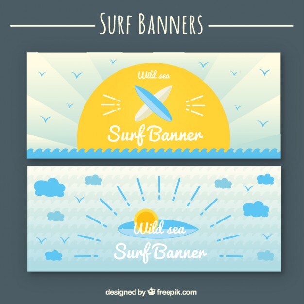 Banners de bonitos elementos de surf en diseño plano