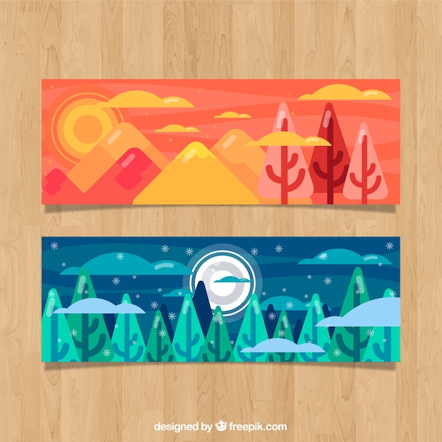 Vector gratuito banners de bonitos paisajes con árboles en diseño plano