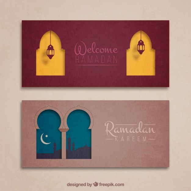 Vector gratuito banners bonitos de ramadan con ventanas árabes