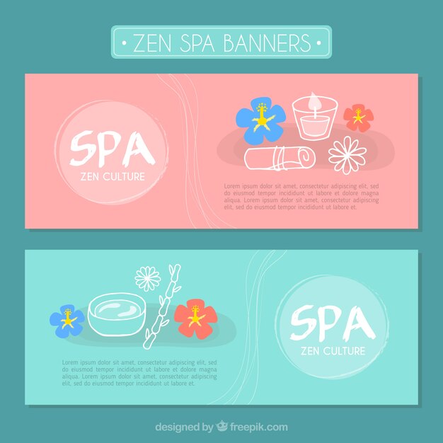 Banners bonitos de spa con flores dibujadas a mano y productos de belleza 