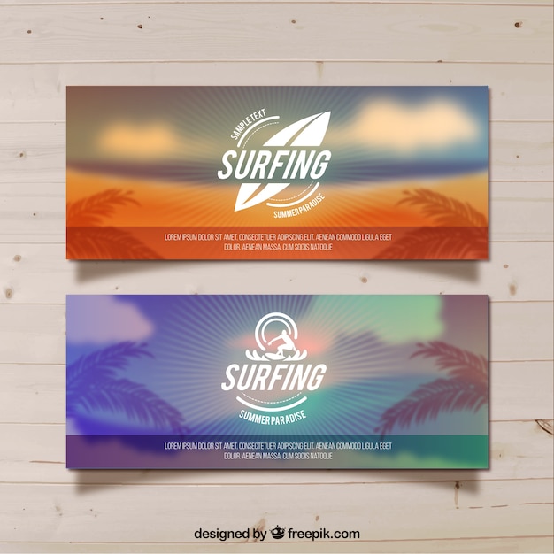 Vector gratuito banners borrosos de playa de surf