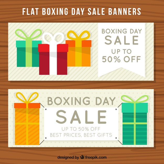 Banners del boxing day con regalos planos