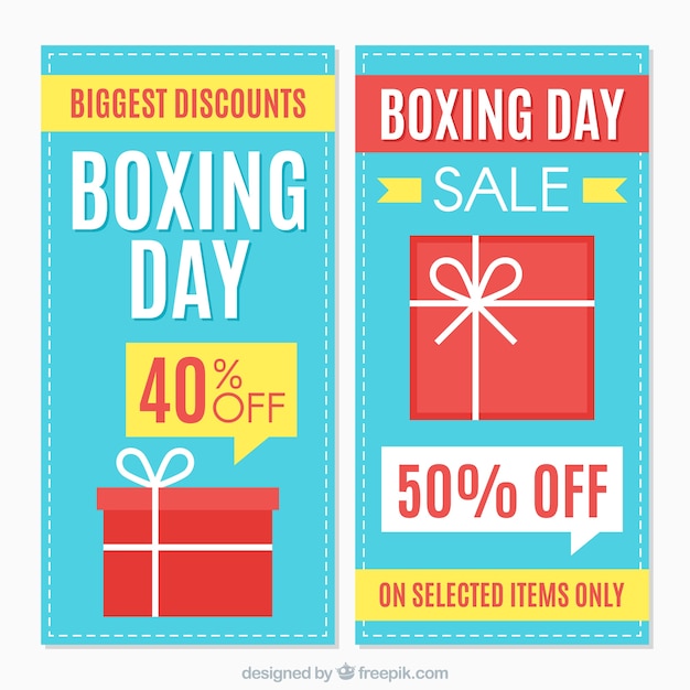 Banners del boxing day con regalos rojos en diseño plano