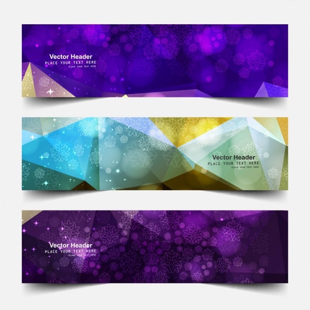 Vector gratuito banners brillantes poligonales con copos de nieve