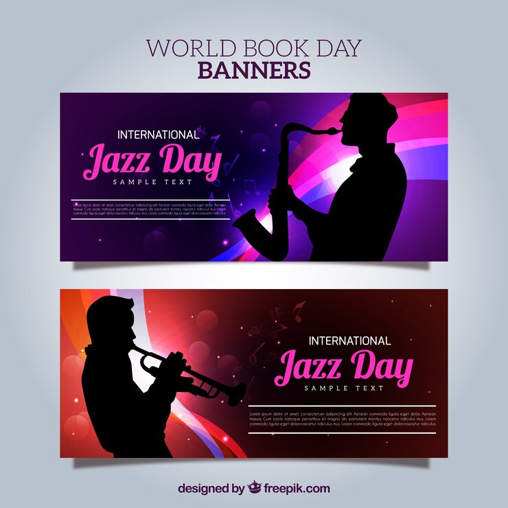 Vector gratuito banners brillantes con siluetas de saxofonista