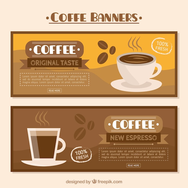 Banners de café planos en tonos marrones