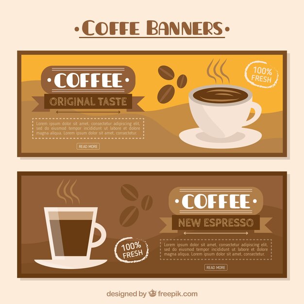 Banners de café planos en tonos marrones