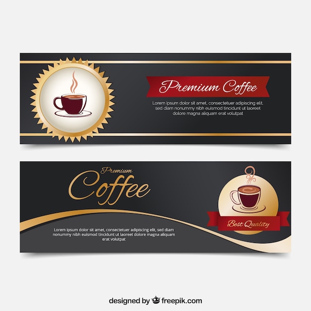 Vector gratuito banners de café realistas con detalles dorados