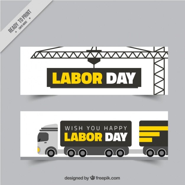 Vector gratuito banners con un camión y una grúa para el día del trabajo