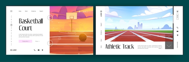 Banners de cancha de baloncesto y pista de atletismo. páginas de aterrizaje vectoriales de campos deportivos con ilustración de dibujos animados de estadio vacío con carril para correr y campo con pelota y aro vector gratuito