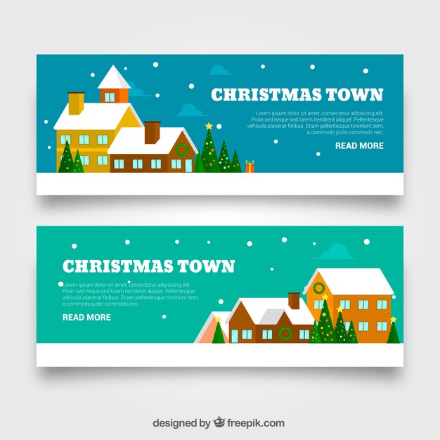 Banners de casas navideñas en diseño plano 