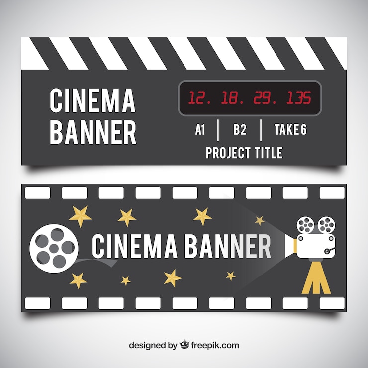 Vector gratuito banners de cine con cámara y estrellas