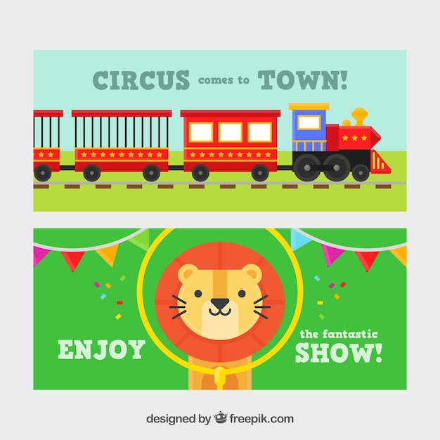 Banners de circo con un tren y un simpático león
