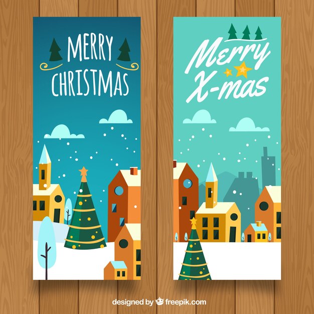 Banners de ciudad en navidad dibujados a mano