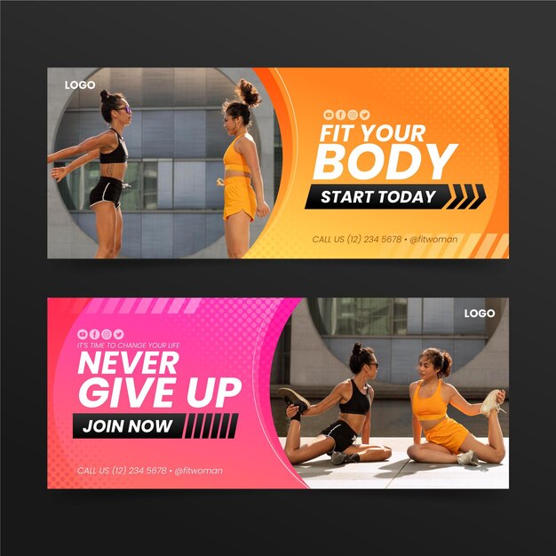 Banners de club de fitness degradados con plantilla de foto