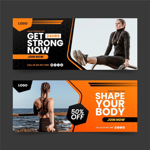 Vector gratuito banners de club de fitness degradados con plantilla de foto