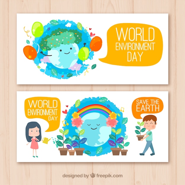 Vector gratuito banners de colores con planeta tierra lindo y plantas